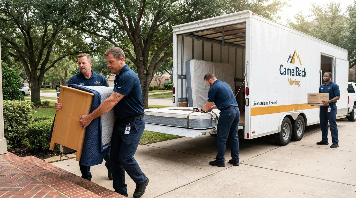 Crew loading residential truck for cross-state move from Rainier, WA