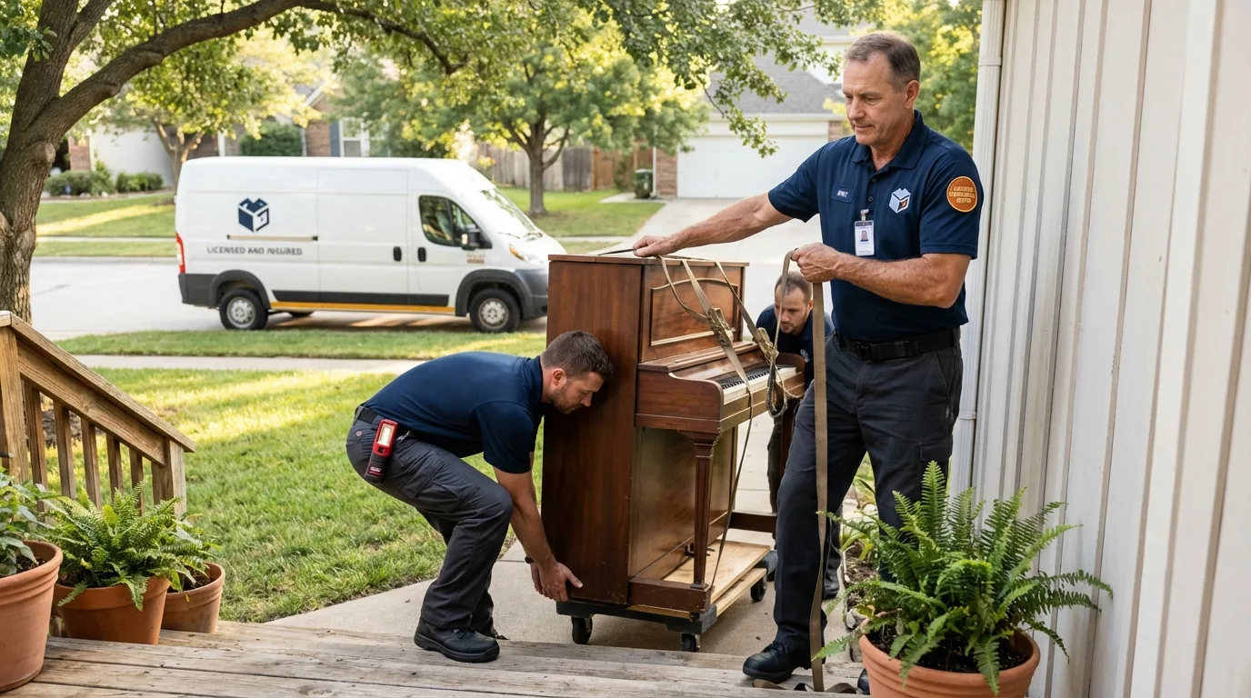Licensed piano movers securing grand piano in Rainier, WA